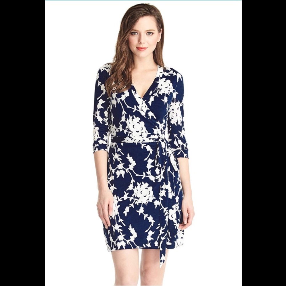 Blue Wrap Dress with White Embroidered Flowers